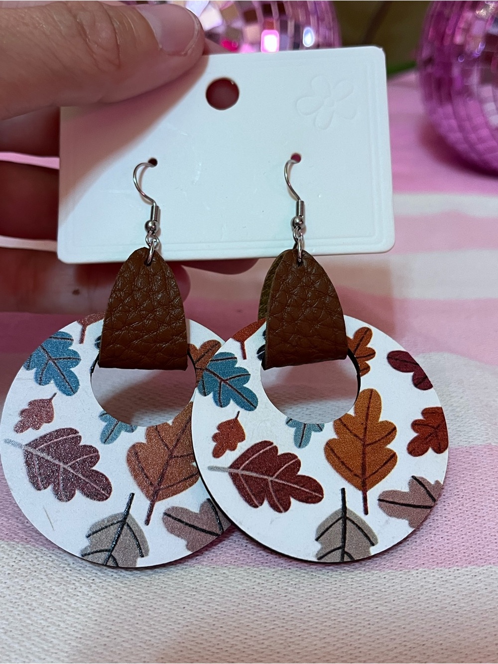 Autumn Leaf Leather-Accent Hoop Earrings in Brown